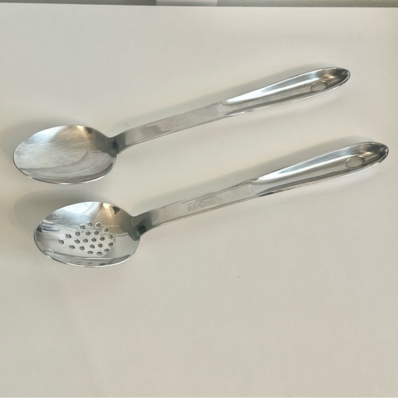 2 Set All Clad Stainless Steel Cookware Tool Slotted + Solid Serving Spoon - Picture 1 of 8